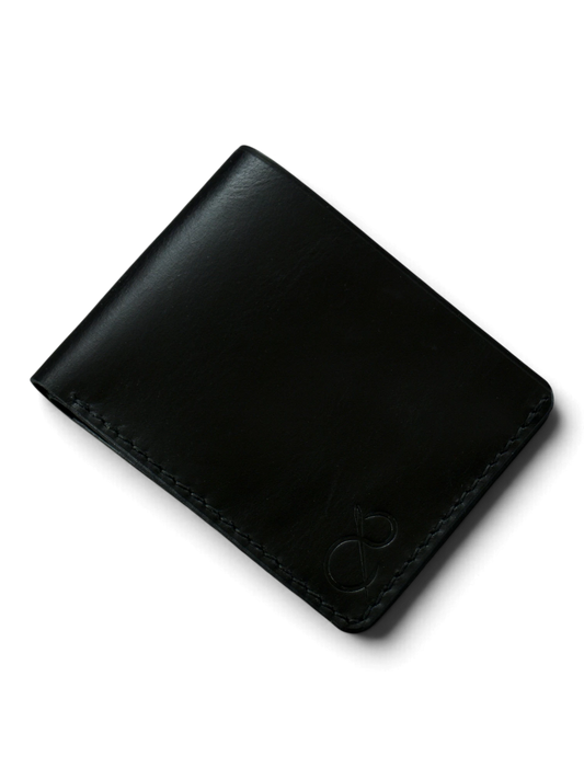 Safir Leather siyah el yapımı hakiki deri cüzdan, minimal tasarım ve mumlu dikiş detaylarıyla.