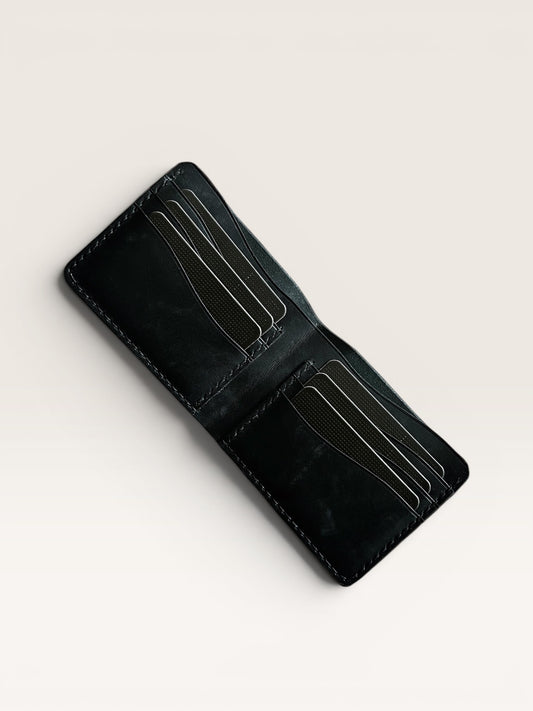 Safir Leather siyah hakiki deri klasik erkek cüzdanı, elde dikilmiş, 10-14 kart kapasiteli, minimal tasarım.