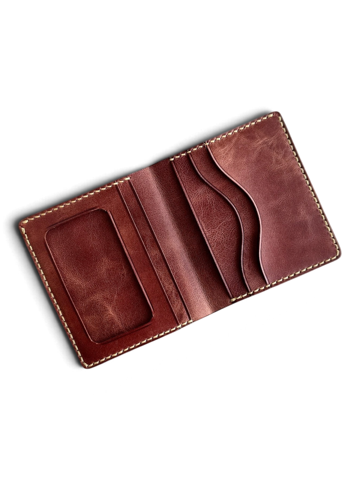 Safir Leather el yapımı taba rengi İtalyan deri cüzdan, kart bölmeli ve şık dikiş detaylı.