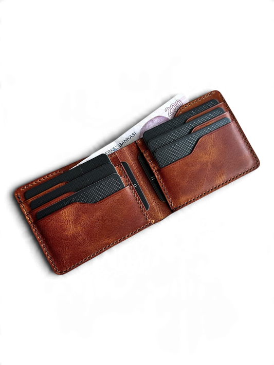 Safir Leather taba rengi, hakiki deriden el yapımı, 8 kartlık ve nakit bölmeli erkek cüzdanı.