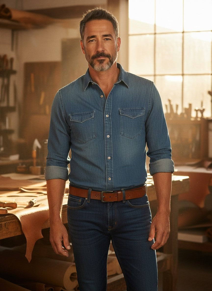 Safir Leather taba rengi hakiki deri erkek kemer takan, kot gömlekli sakallı bir erkek modeli.