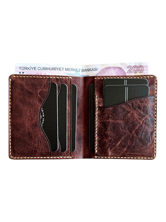 Safir Leather el yapımı taba rengi İtalyan at derisi cüzdan, kart bölmeli ve nakit para için pratik.