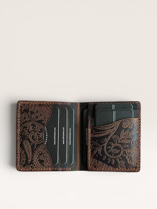 Safir Leather taba rengi, el yapımı, İtalyan derisi, işlemeli, kartlıklı cüzdan.