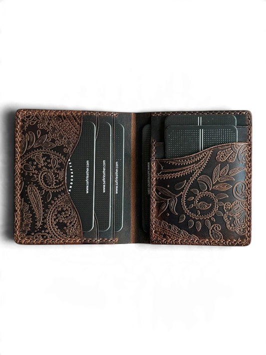 Safir Leather taba rengi, el yapımı, İtalyan derisi, işlemeli, kartlıklı cüzdan.