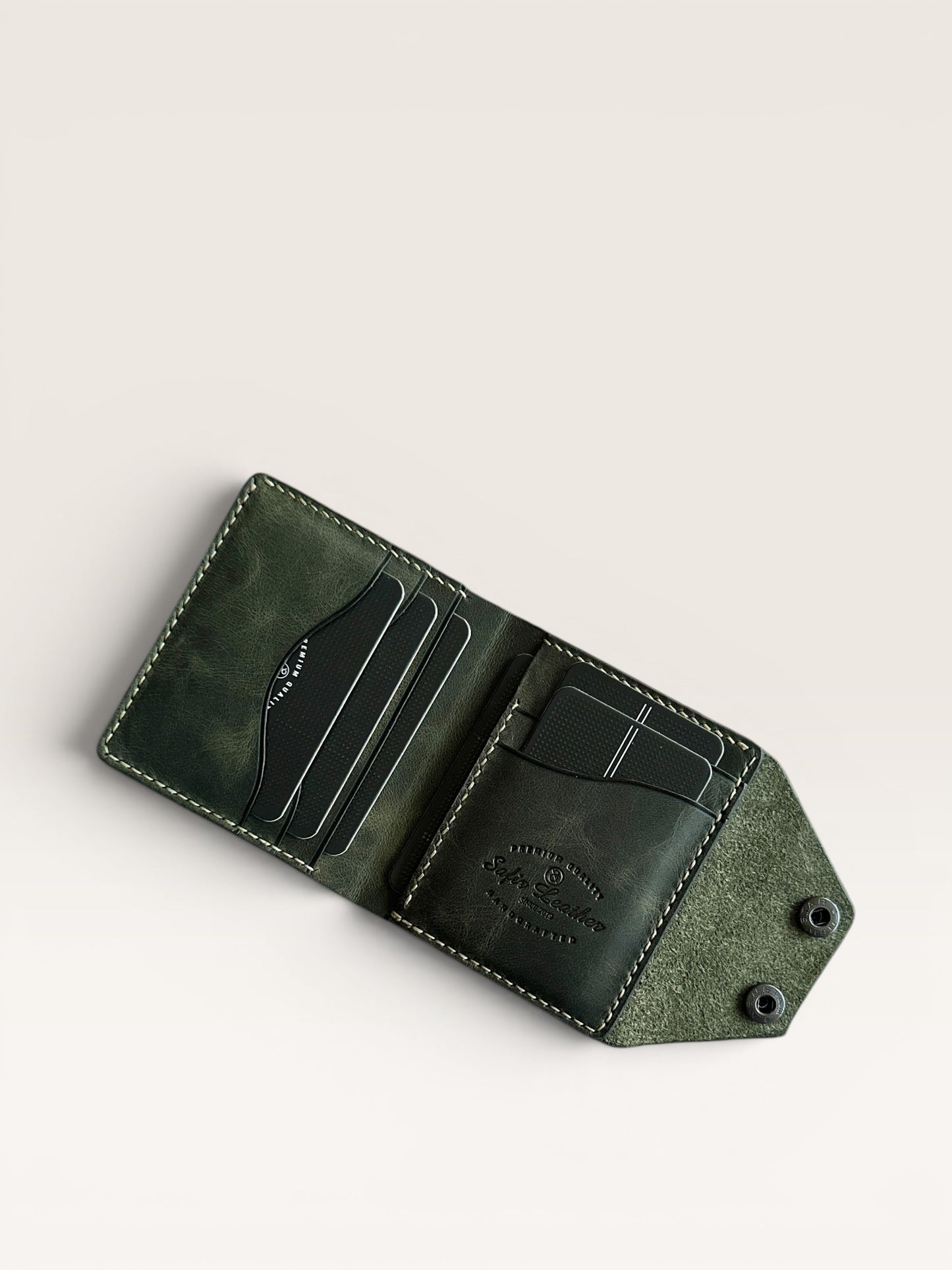 Safir Leather yeşil haki hakiki deri cüzdan, kart bölmeli, el yapımı, 10x9 cm.