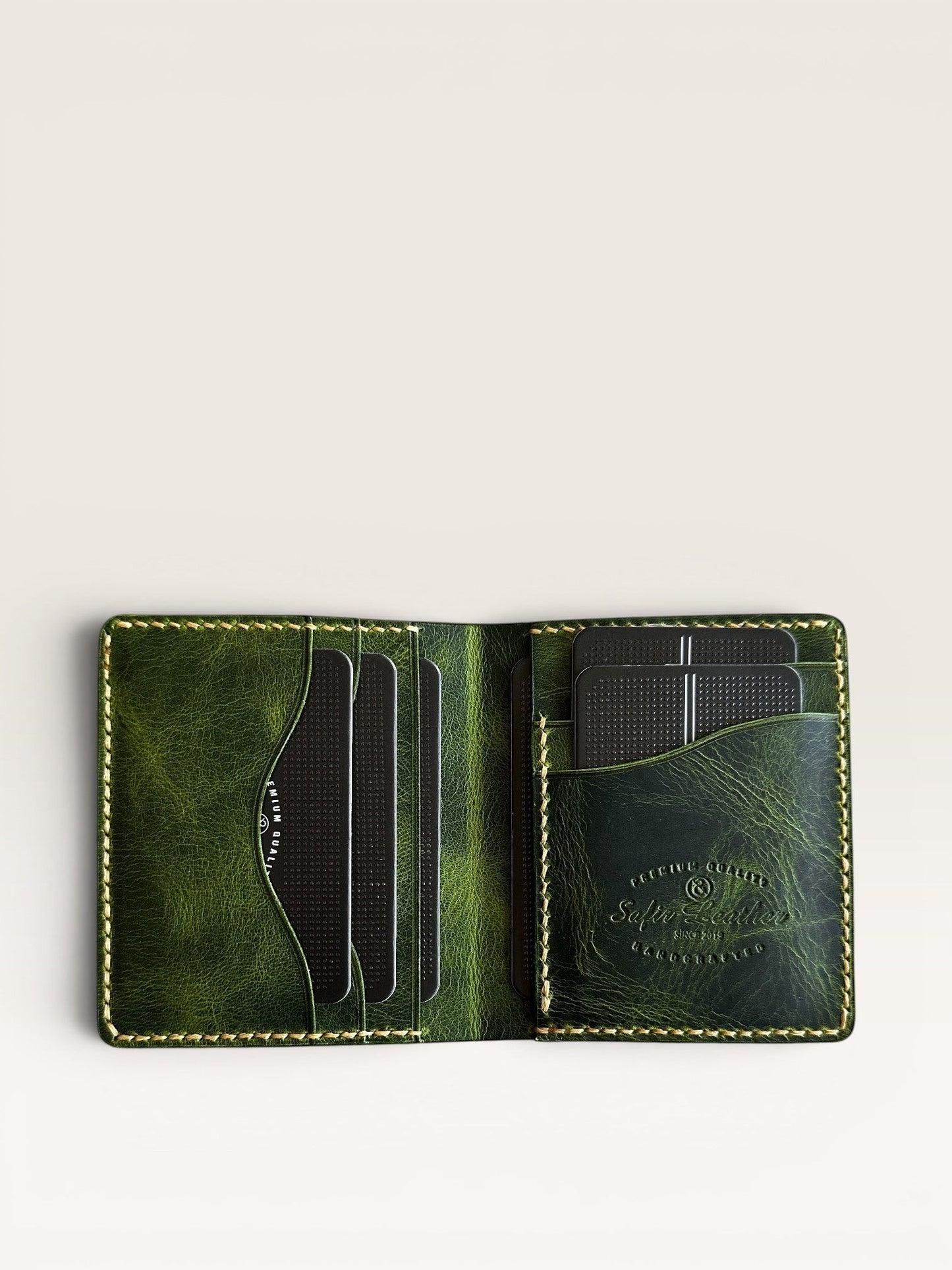 Safir Leather özel yeşil hakiki deri cüzdan, el yapımı, kart bölmeli, 10x9 cm.