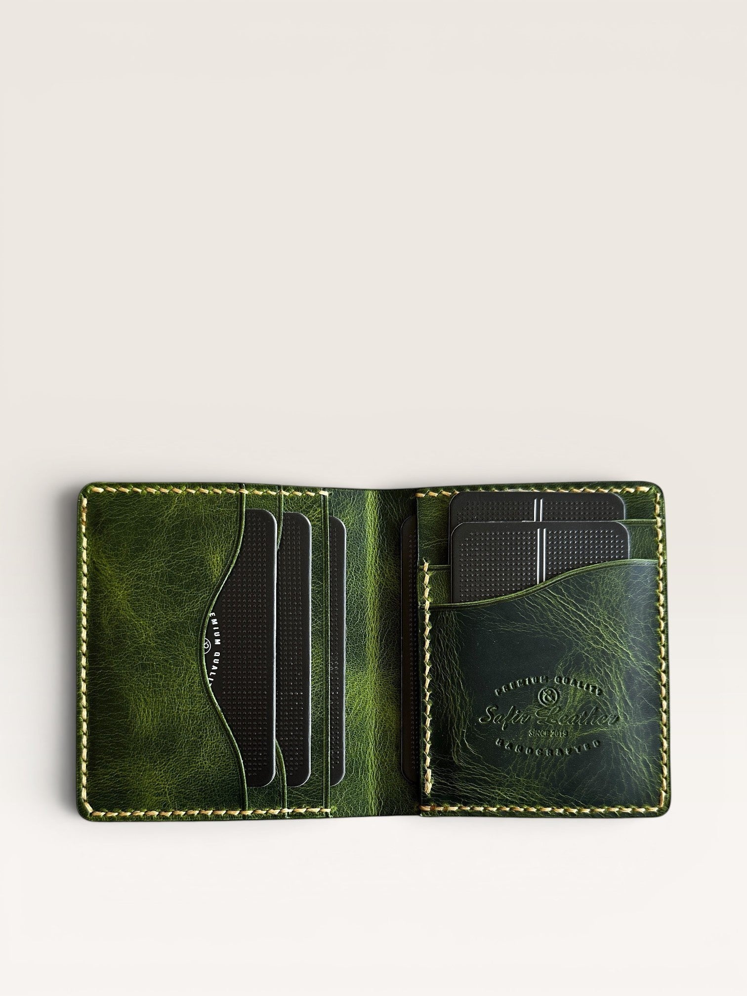 Safir Leather özel yeşil hakiki deri cüzdan, el yapımı, kart bölmeli, 10x9 cm.