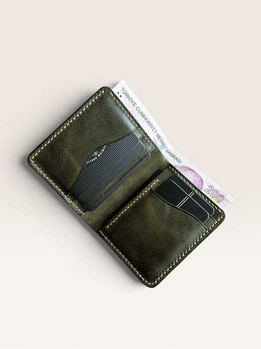 Safir Leather el yapımı, yeşil hakiki deri cüzdan, nakit ve kart bölmeli, 10x8.5 cm