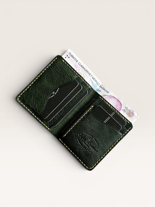 Safir Leather yeşil İtalyan derisi el yapımı cüzdan, kart bölmeli ve nakit para için tasarlanmıştır.